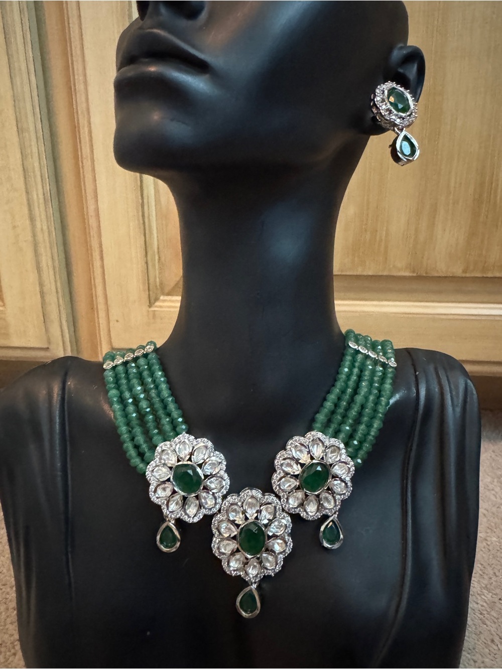 Green Beaded Floral Statement Necklace by